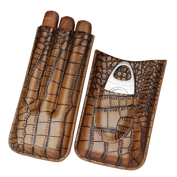 Brown Crocodile Leather Travel Cigar Case Holder with Cigar Cutter 